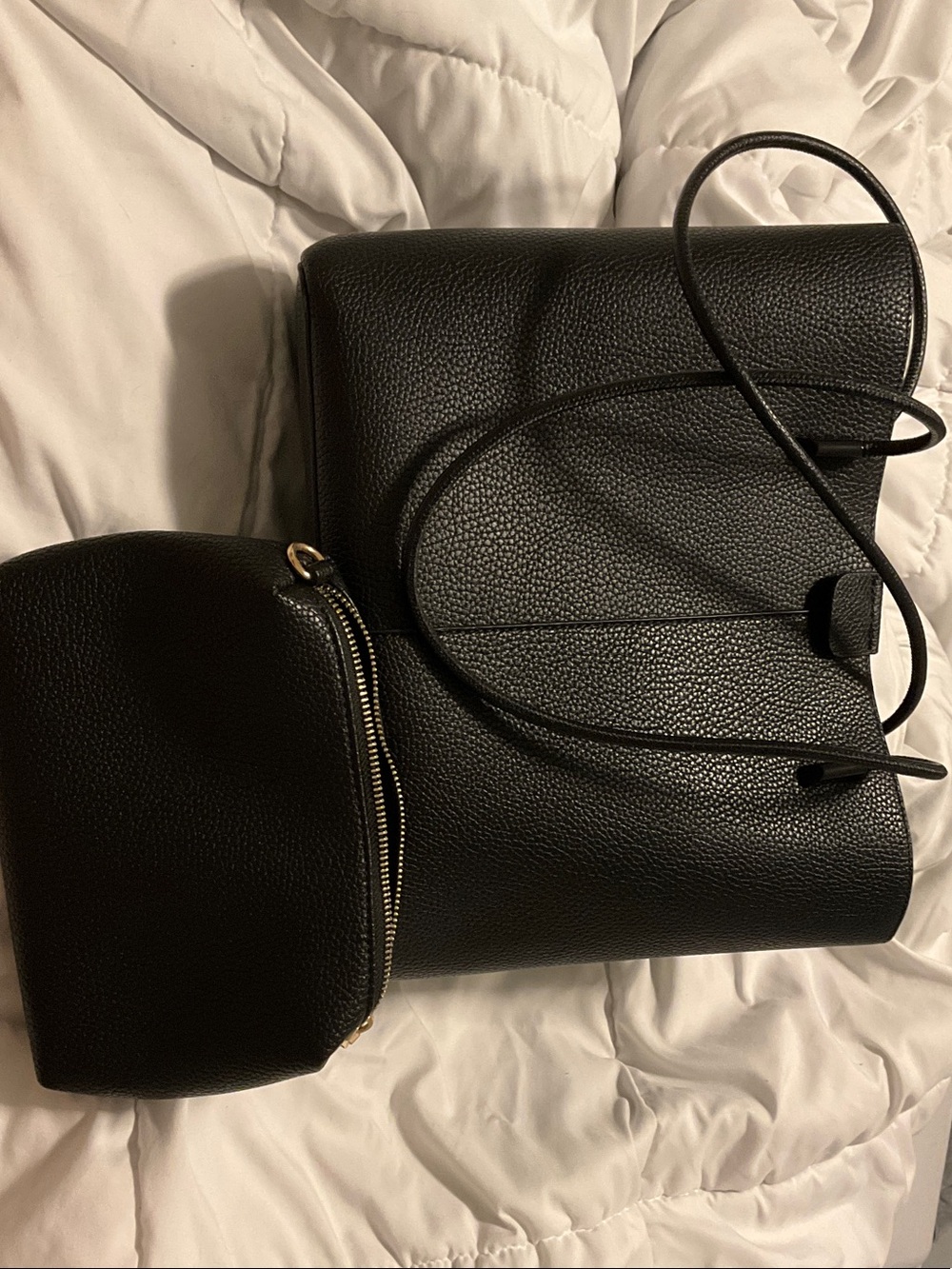 Black Pebbled Leather Tote with Pouch - Women's Bag
